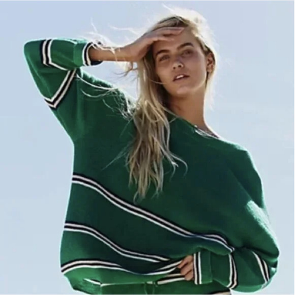 FREE PEOPLE BEACH Mariner Sweater Green Bee Striped Pullover Knit NWT - Picture 3 of 10